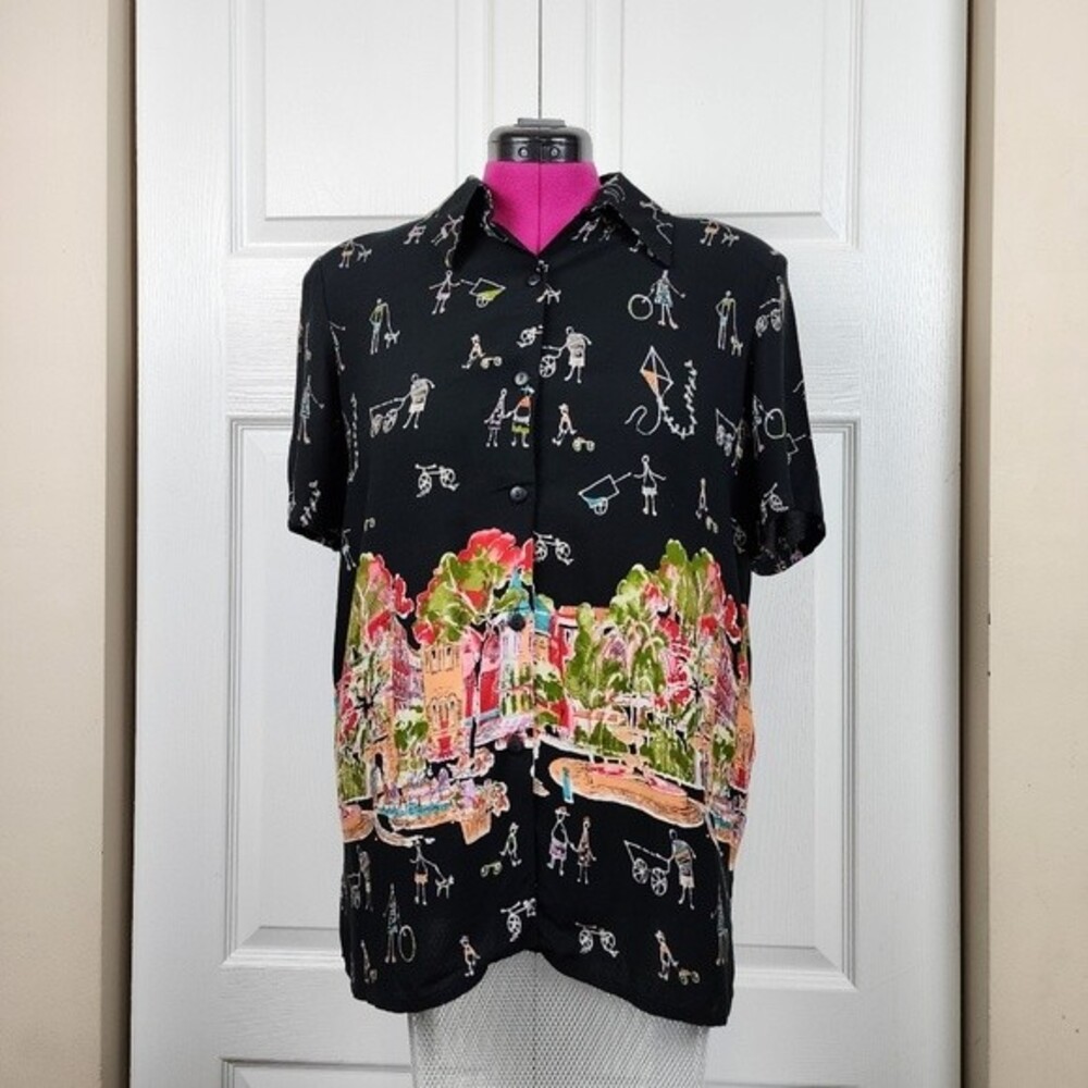 Vintage Units 80s 90s Rayon Blouse Abstract Art To Wear Shirt Shoulder Pads M - Picture 13 of 14